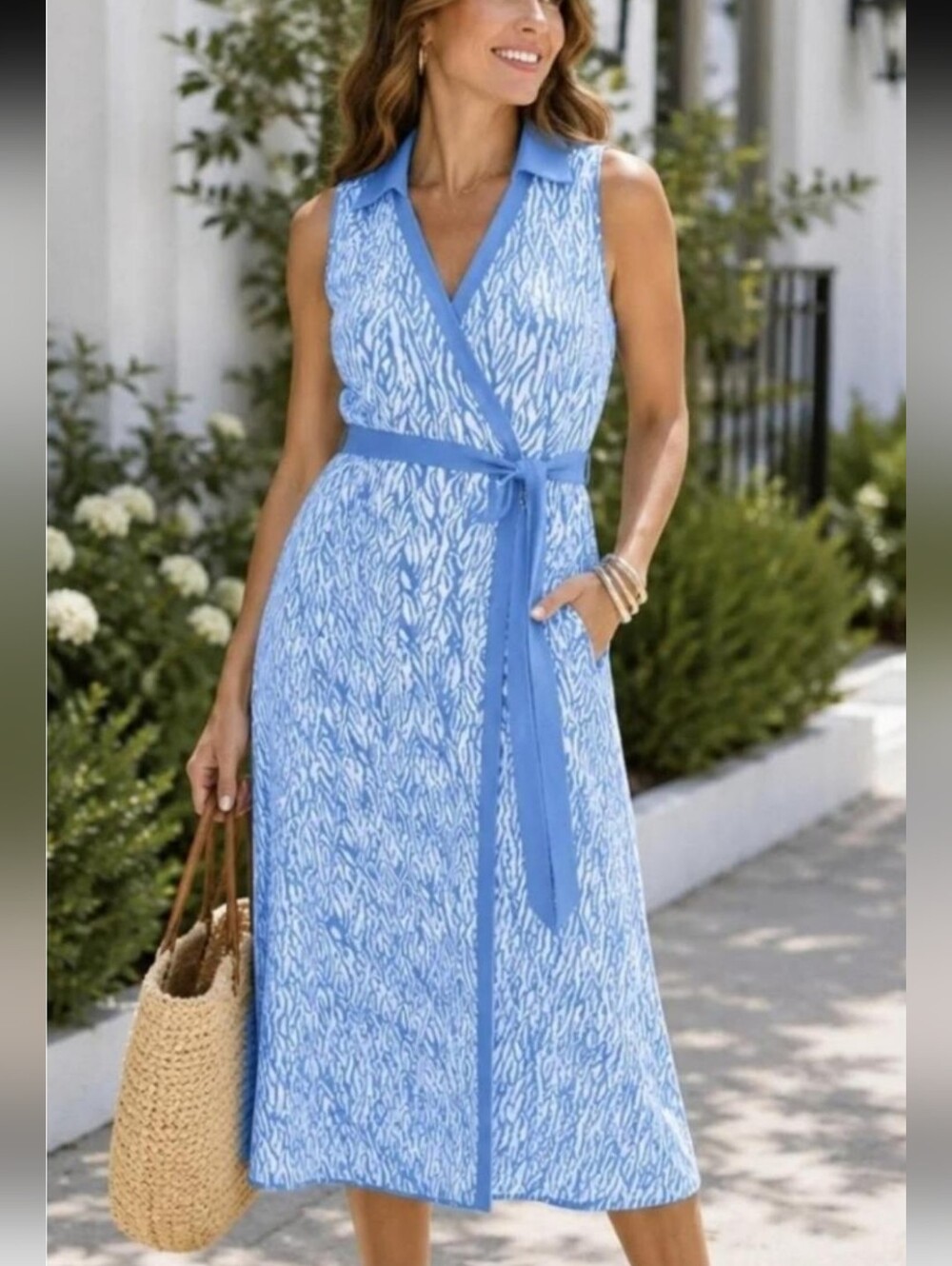 DVF For Target Sleeveless Blue Wrap Midi Dress with Tie Waist